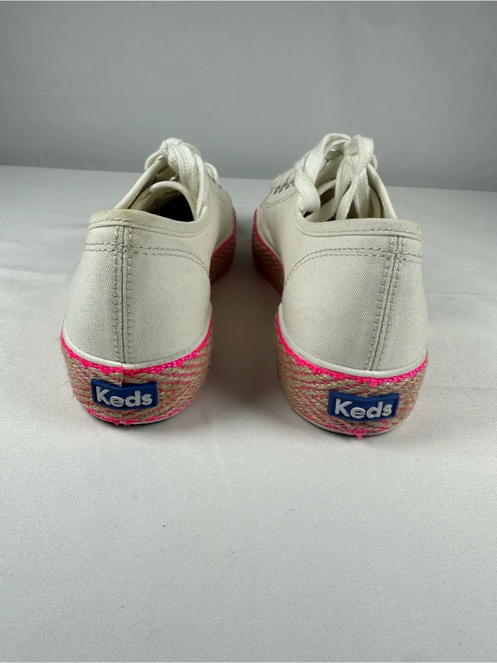 Keds Off-White Canvas Platform Sneakers with Neon Pink Trim